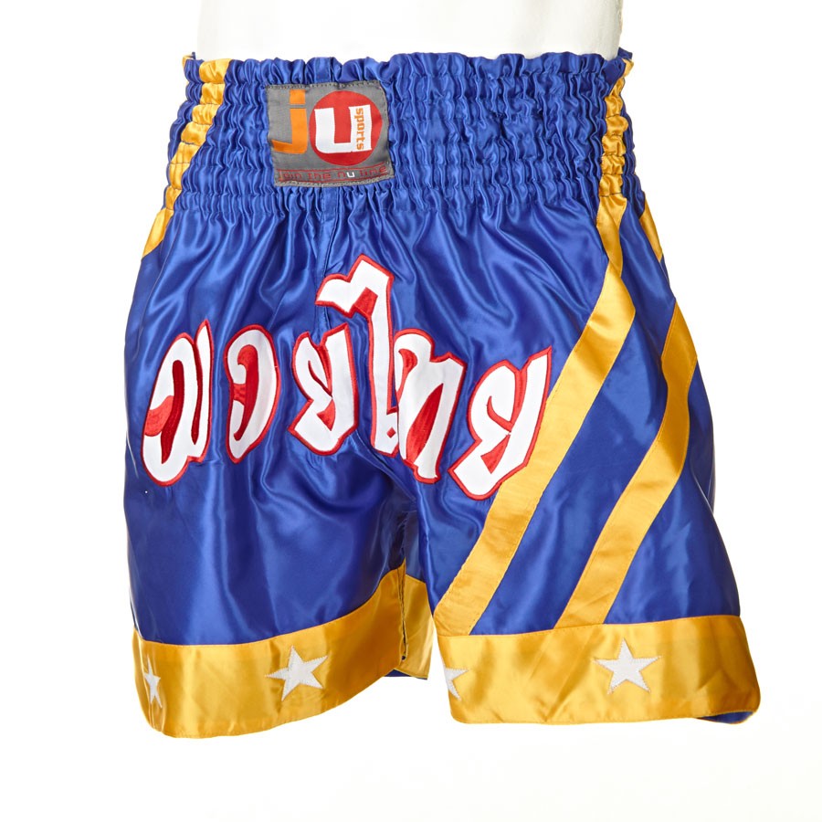 Blauwe broek met opschrift en gele strepen